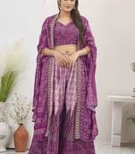 Women wine bandhani print silk blend 3 piece shrug indo western