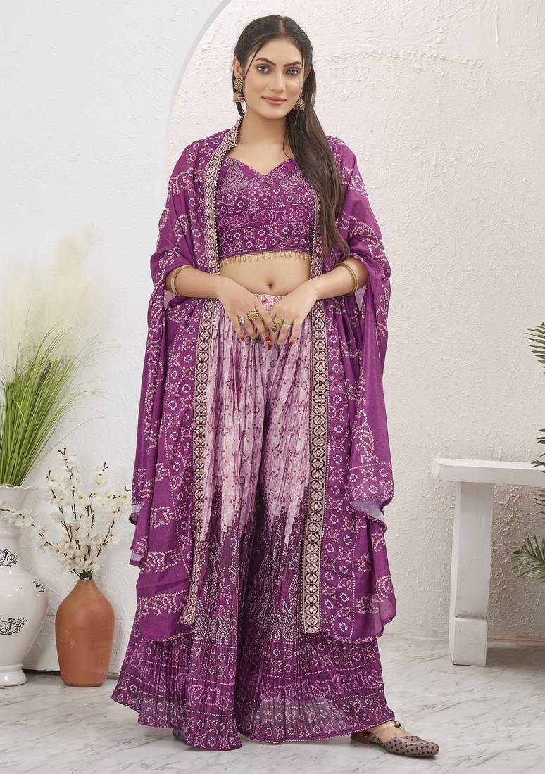 Women wine bandhani print silk blend 3 piece shrug indo western