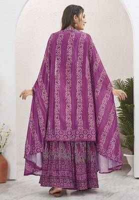 Women wine bandhani print silk blend 3 piece shrug indo western 2