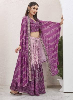 Women wine bandhani print silk blend 3 piece shrug indo western 3