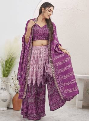 Women wine bandhani print silk blend 3 piece shrug indo western 5