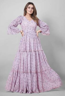 Women pink all-over floral print georgette fit & flare gown 1