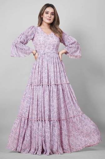 Women pink all-over floral print georgette fit & flare gown