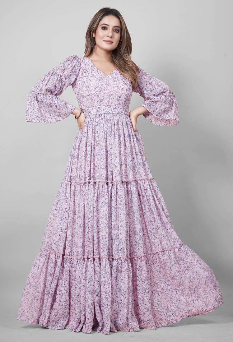 Women pink all-over floral print georgette fit & flare gown