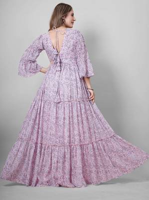 Women pink all-over floral print georgette fit & flare gown 2
