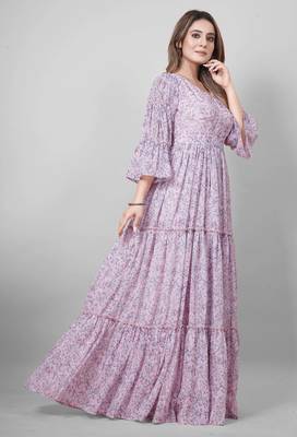 Women pink all-over floral print georgette fit & flare gown 3