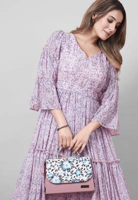 Women pink all-over floral print georgette fit & flare gown 4