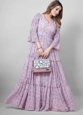 Women pink all-over floral print georgette fit & flare gown 5