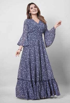 Women navy blue all-over floral print georgette fit & flare gown 1