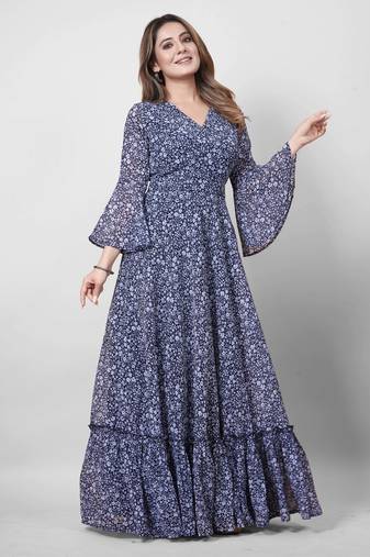Women navy blue all-over floral print georgette fit & flare gown