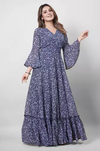 Women navy blue all-over floral print georgette fit & flare gown