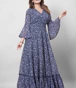 Women navy blue all-over floral print georgette fit & flare gown