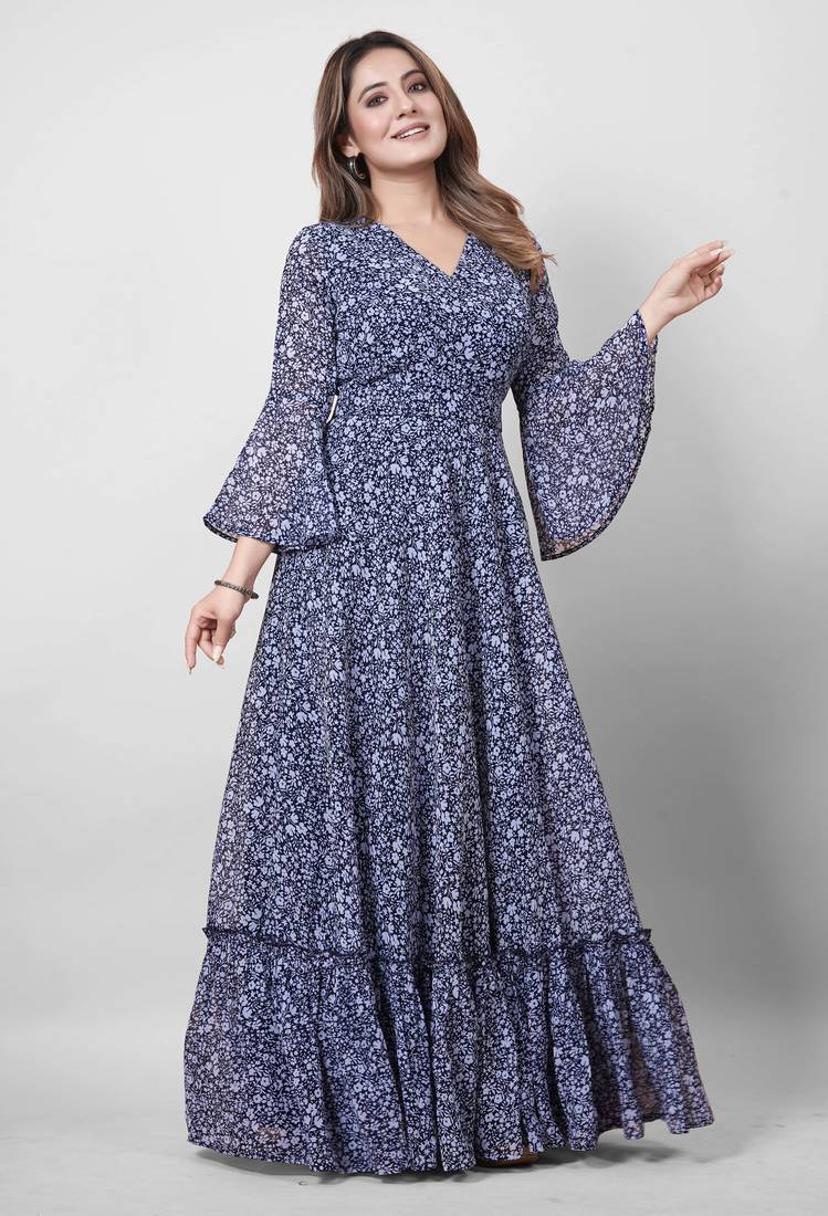 Women navy blue all-over floral print georgette fit & flare gown