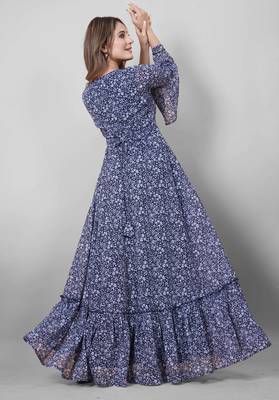 Women navy blue all-over floral print georgette fit & flare gown 2