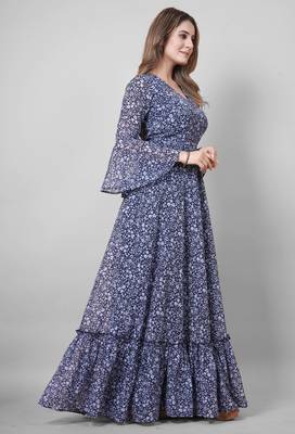 Women navy blue all-over floral print georgette fit & flare gown 3