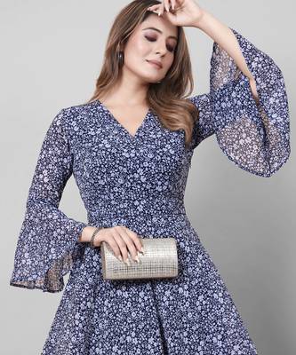 Women navy blue all-over floral print georgette fit & flare gown 4