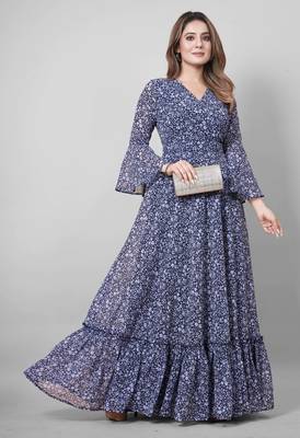 Women navy blue all-over floral print georgette fit & flare gown 5