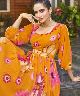 Women mustard all-over floral print georgette fit & flare gown 4