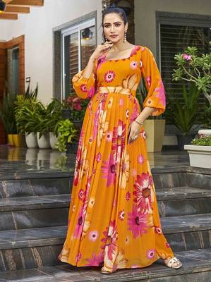 Women mustard all-over floral print georgette fit & flare gown 5