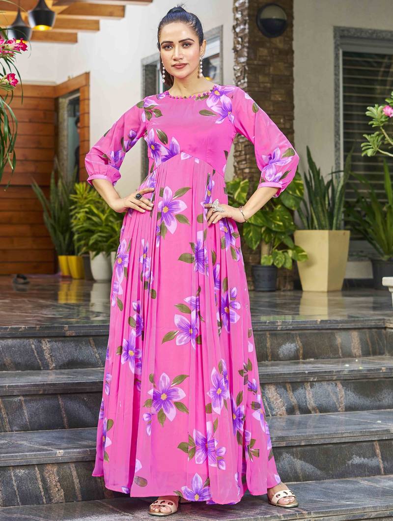 Women pink all-over floral print georgette fit & flare gown