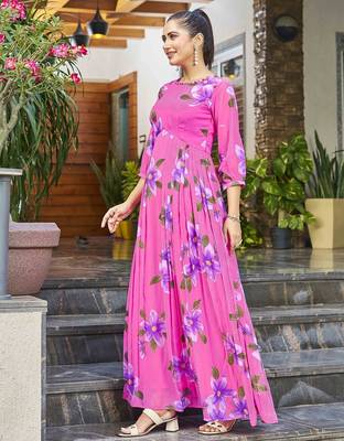 Women pink all-over floral print georgette fit & flare gown 3
