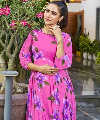 Women pink all-over floral print georgette fit & flare gown 4