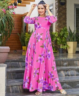 Women pink all-over floral print georgette fit & flare gown 5