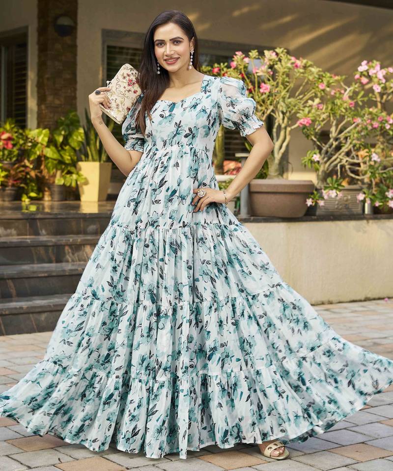 Women turquoise blue all-over floral print georgette fit & flare gown