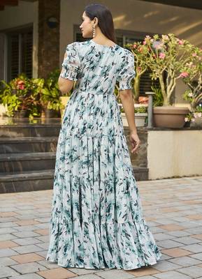 Women turquoise blue all-over floral print georgette fit & flare gown 2