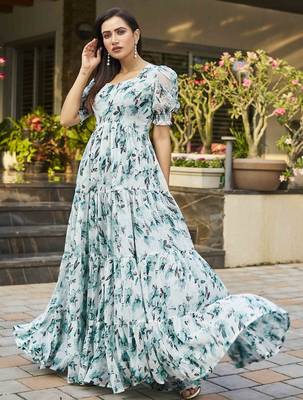 Women turquoise blue all-over floral print georgette fit & flare gown 3