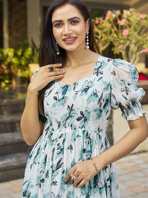 Women turquoise blue all-over floral print georgette fit & flare gown 4
