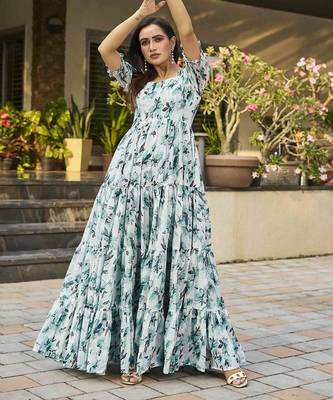 Women turquoise blue all-over floral print georgette fit & flare gown 5