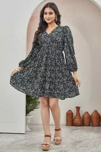 Women green all-over floral print poly cotton fit & flare gown