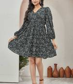 Women green all-over floral print poly cotton fit & flare gown