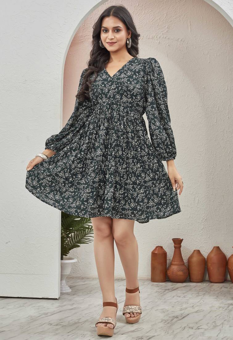 Women green all-over floral print poly cotton fit & flare gown