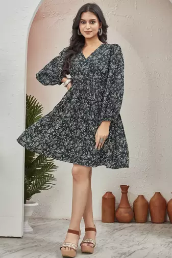 Women green all-over floral print poly cotton fit & flare gown