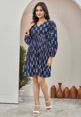 Women navy blue all-over floral print poly cotton fit & flare gown 1