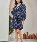 Women navy blue all-over floral print poly cotton fit & flare gown