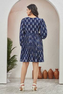 Women navy blue all-over floral print poly cotton fit & flare gown 2