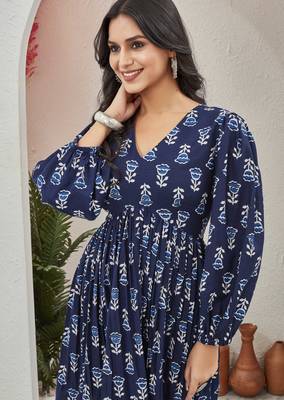 Women navy blue all-over floral print poly cotton fit & flare gown 4