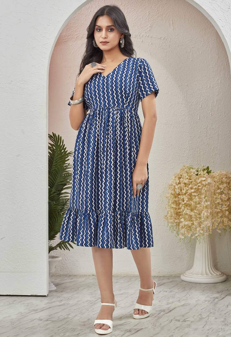 Women blue geometric striped print poly cotton fit & flare gown