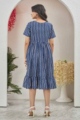 Women blue geometric striped print poly cotton fit & flare gown 2