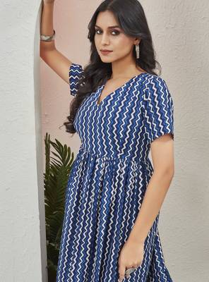 Women blue geometric striped print poly cotton fit & flare gown 4