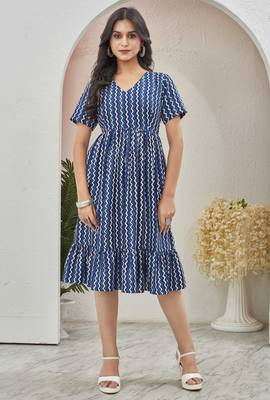 Women blue geometric striped print poly cotton fit & flare gown 5