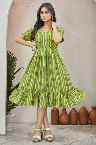 Women fluorescent green geometric striped print poly cotton fit & flare gown