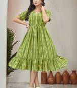 Women fluorescent green geometric striped print poly cotton fit & flare gown