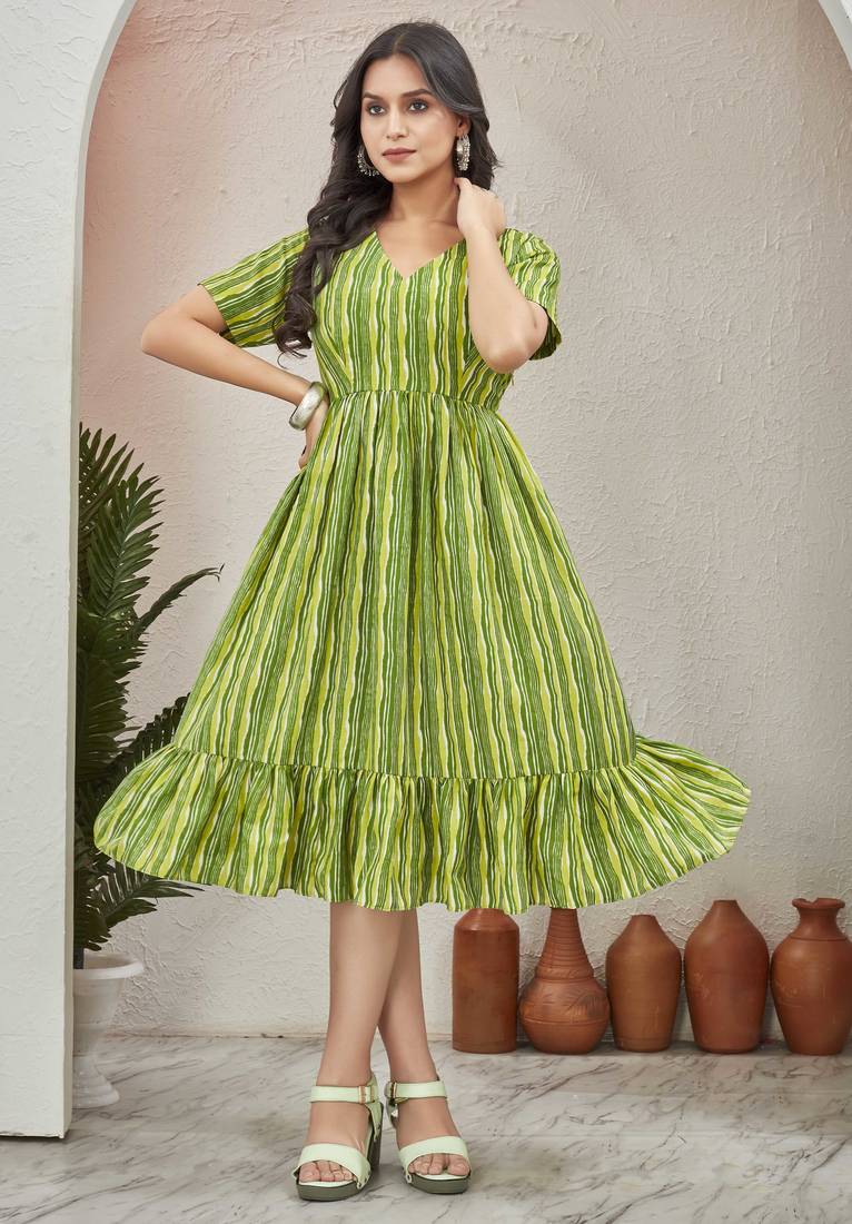 Women fluorescent green geometric striped print poly cotton fit & flare gown