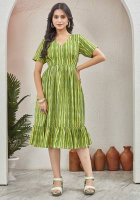 Women fluorescent green geometric striped print poly cotton fit & flare gown 5