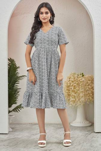 Women white geometric striped print poly cotton fit & flare gown