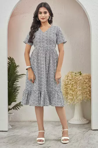 Women white geometric striped print poly cotton fit & flare gown